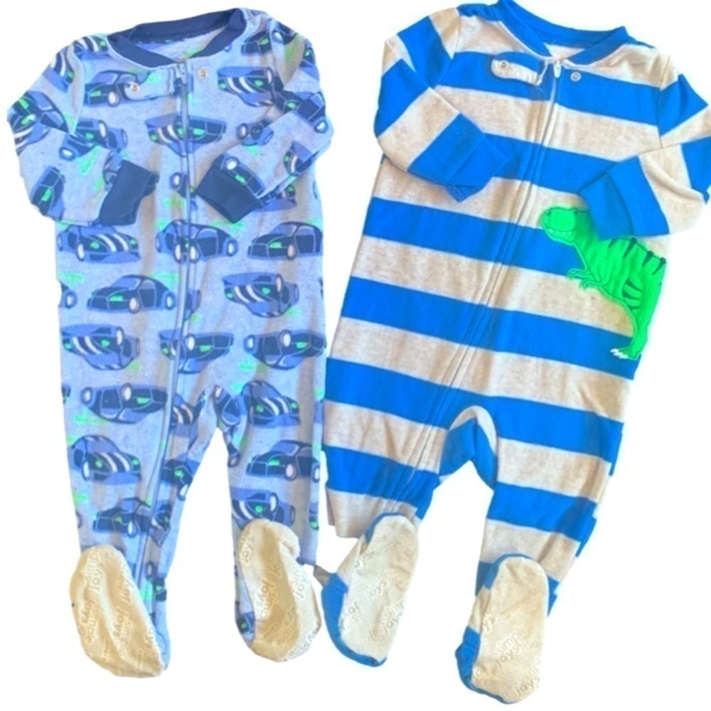 Carters Simple Joys Blue Green Striped Cars Fleece Onesie Footed Pajamas 12mos